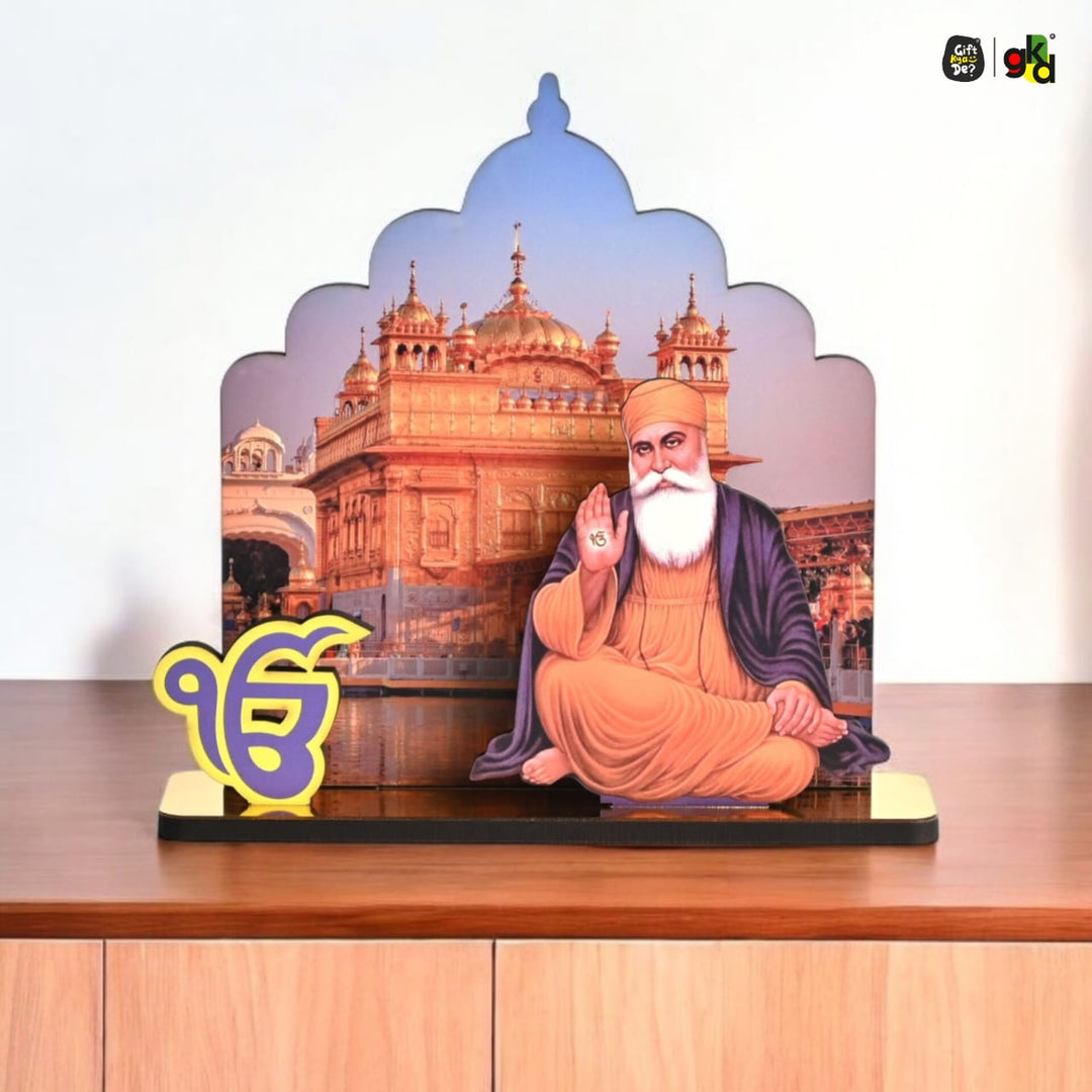 Gift Kya De Guru Nanak Dev Ji & Guru Gobind Singh Ji Wooden Table Top Idols with Golden Temple Background | Spiritual Decor for Home & Office | Sikh Religious Gift