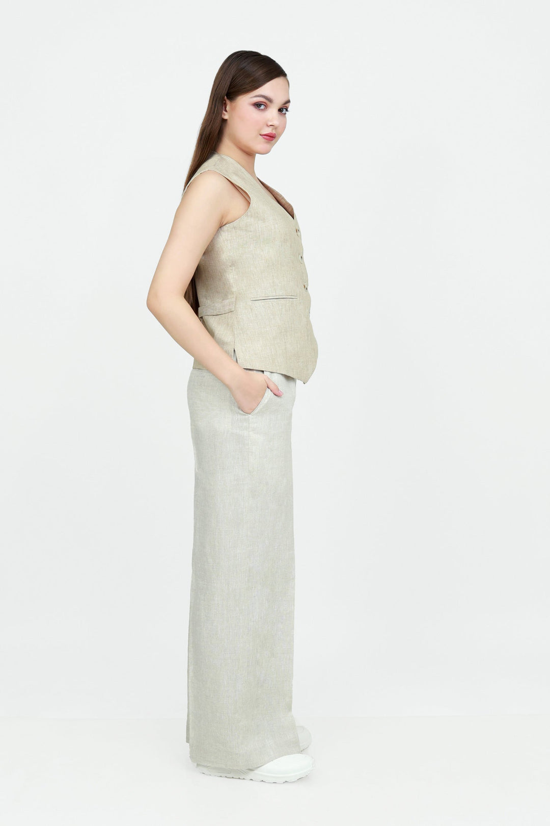 Adam Leaves Dove - Woman linen vest Dove