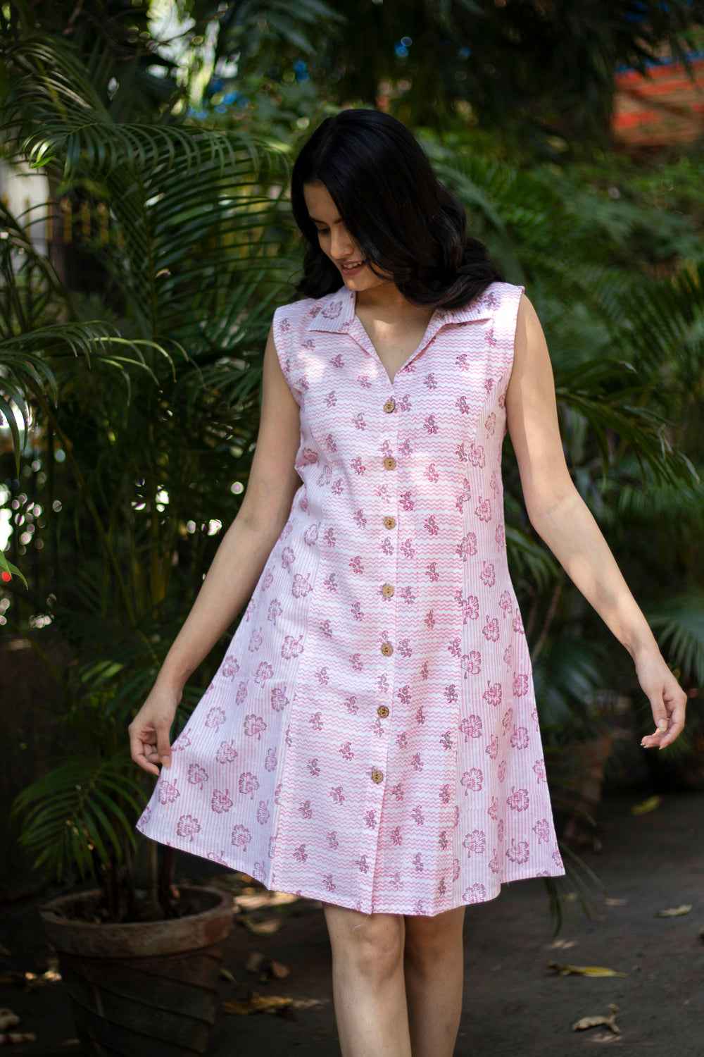 Earthy Route Lotus Pink Floral Sleeveless Dress in Lyocell Linen