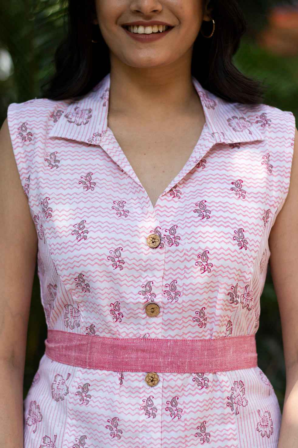 Earthy Route Lotus Pink Floral Sleeveless Dress in Lyocell Linen