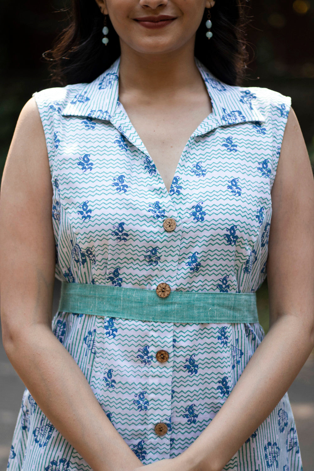 Earthy Route Peacock blue floral dress in lyocell linen
