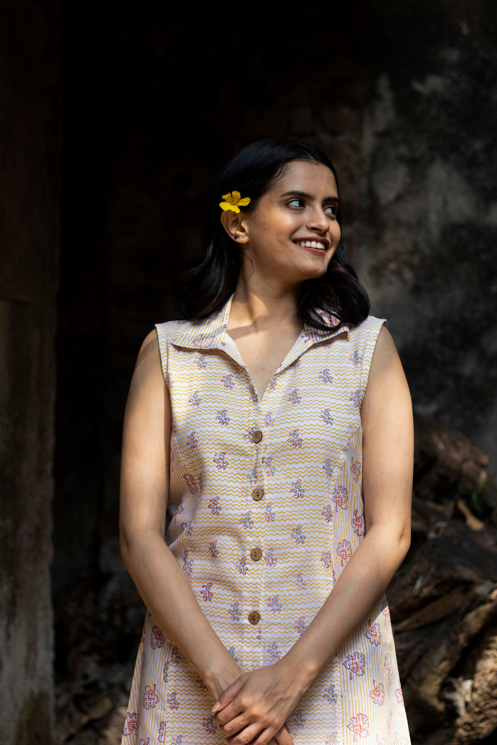 Earthy Route Yellow marigold floral sleeveless dress in lyocell linen