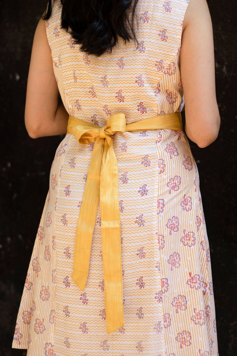 Earthy Route Yellow marigold floral sleeveless dress in lyocell linen