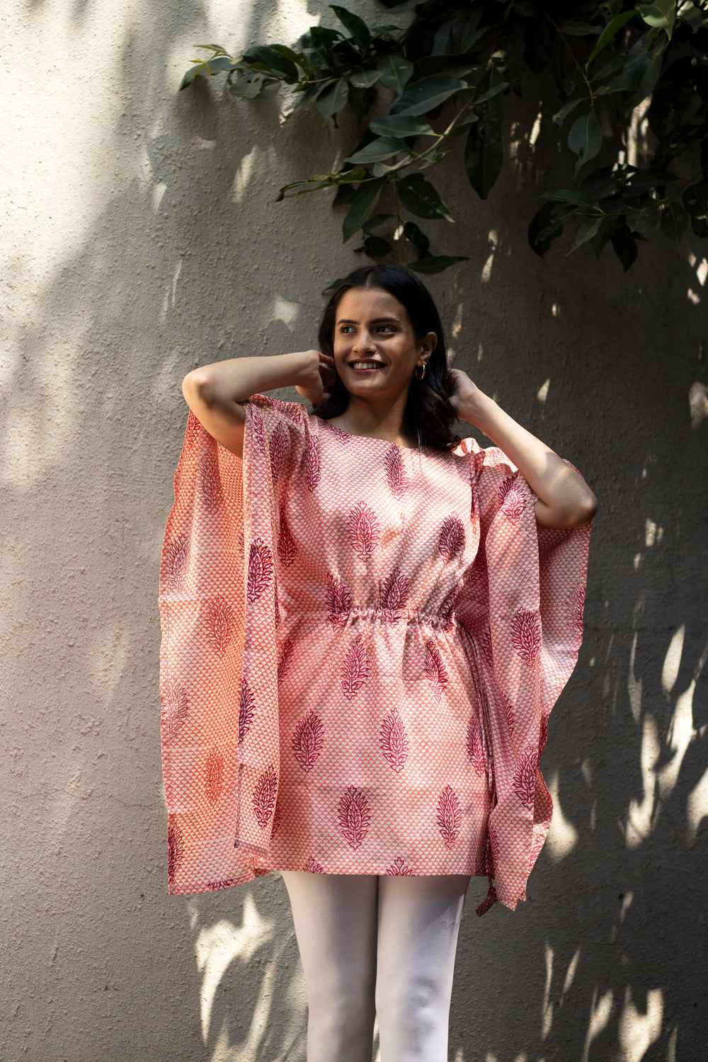 Earthy Route Bright Pink Short Kaftaan in Lyocell