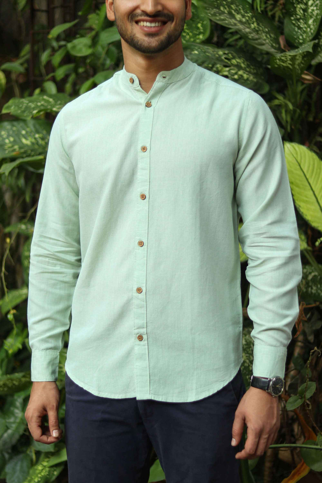 Earthy Route Fresh Green · Mandarin Collar Shirt