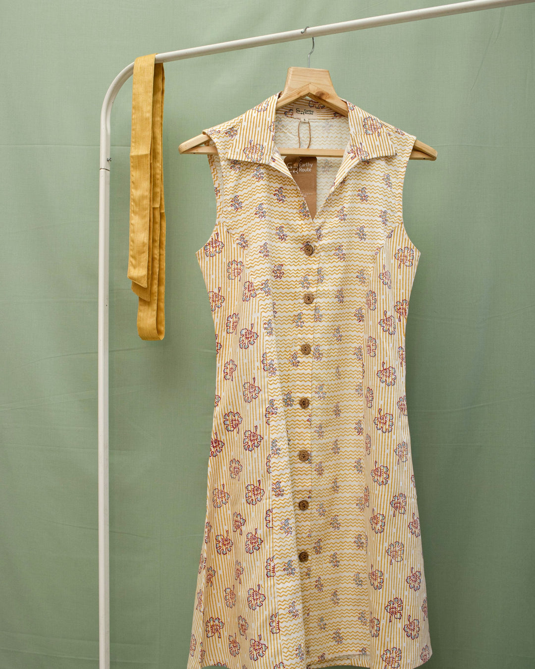 Earthy Route Yellow marigold floral sleeveless dress in lyocell linen
