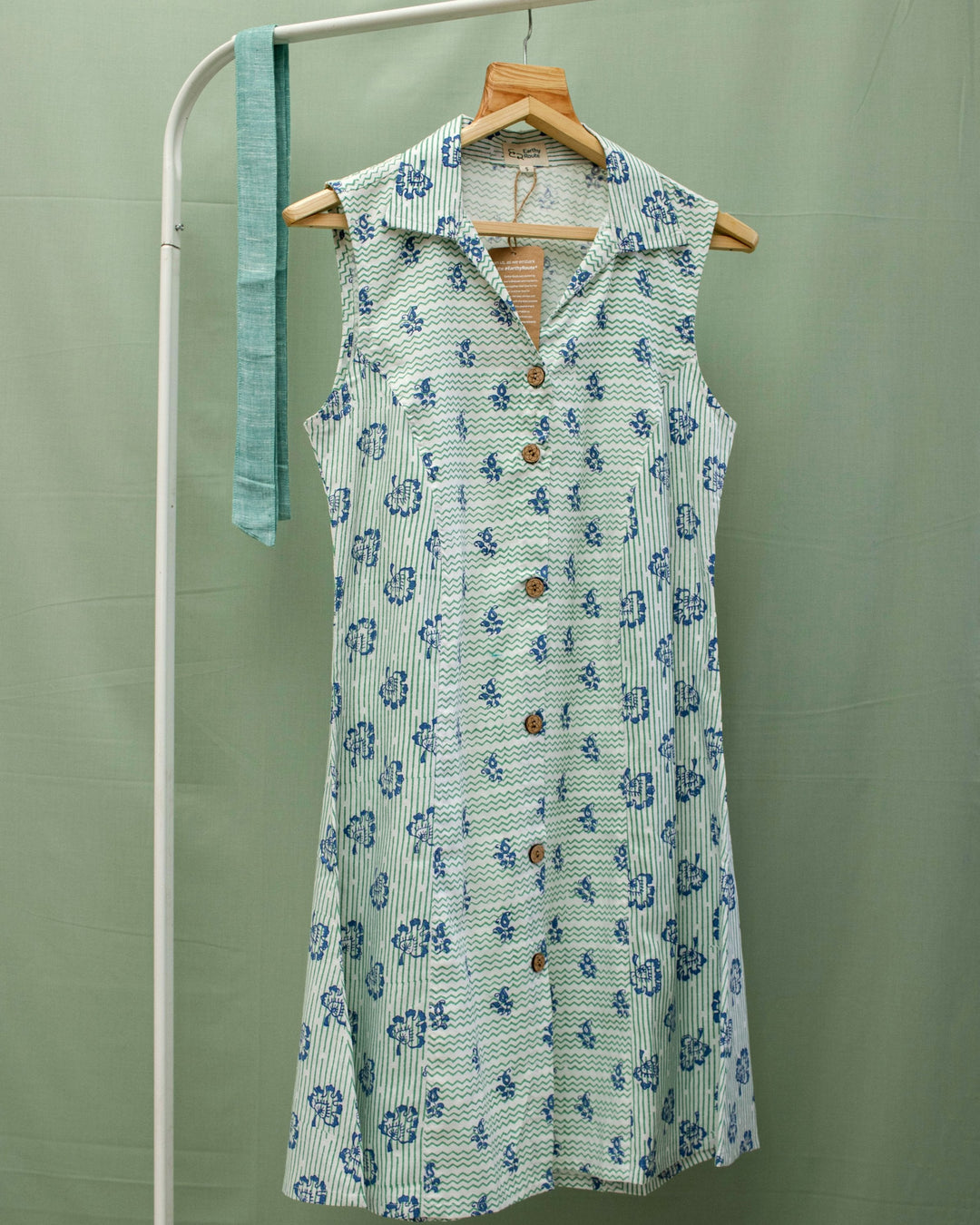 Earthy Route Peacock blue floral dress in lyocell linen