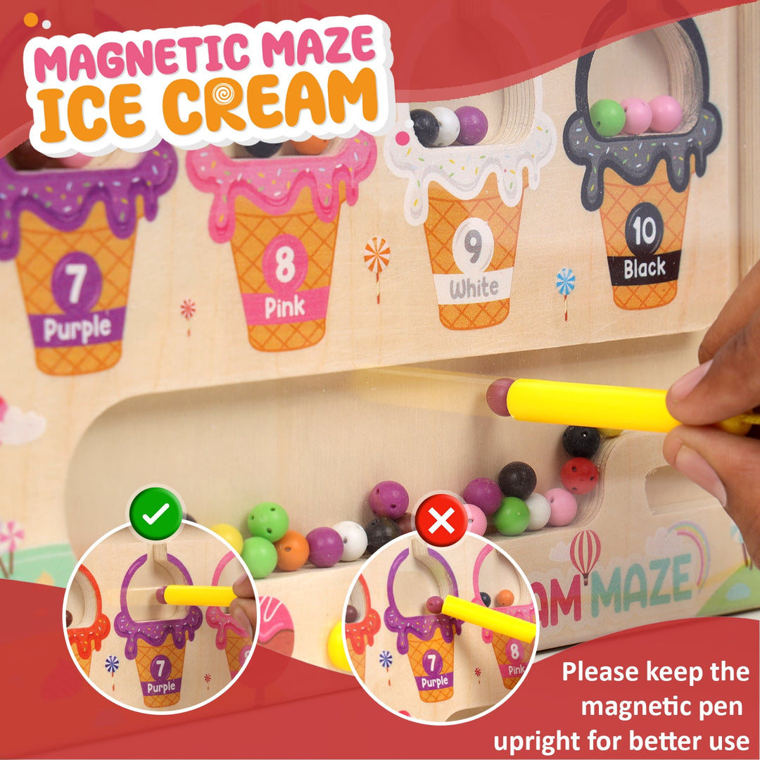 Wudly Ice Cream Maze, Magnetic Color and Number Maze - Educational Fine Motor Skills Toys for Boys Girls 3 4 5 Years Old, Wooden Color Matching Learning Counting Toddler Puzzle Board