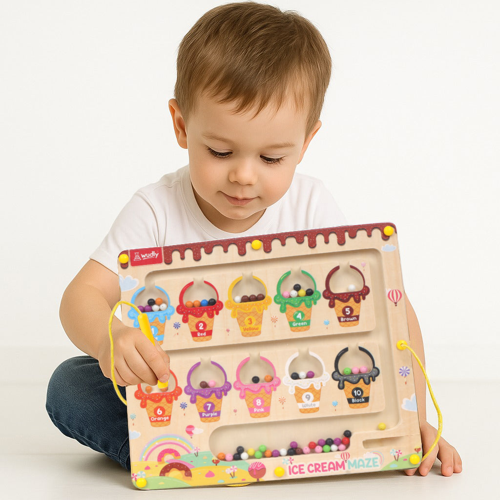 Wudly Ice Cream Maze, Magnetic Color and Number Maze - Educational Fine Motor Skills Toys for Boys Girls 3 4 5 Years Old, Wooden Color Matching Learning Counting Toddler Puzzle Board