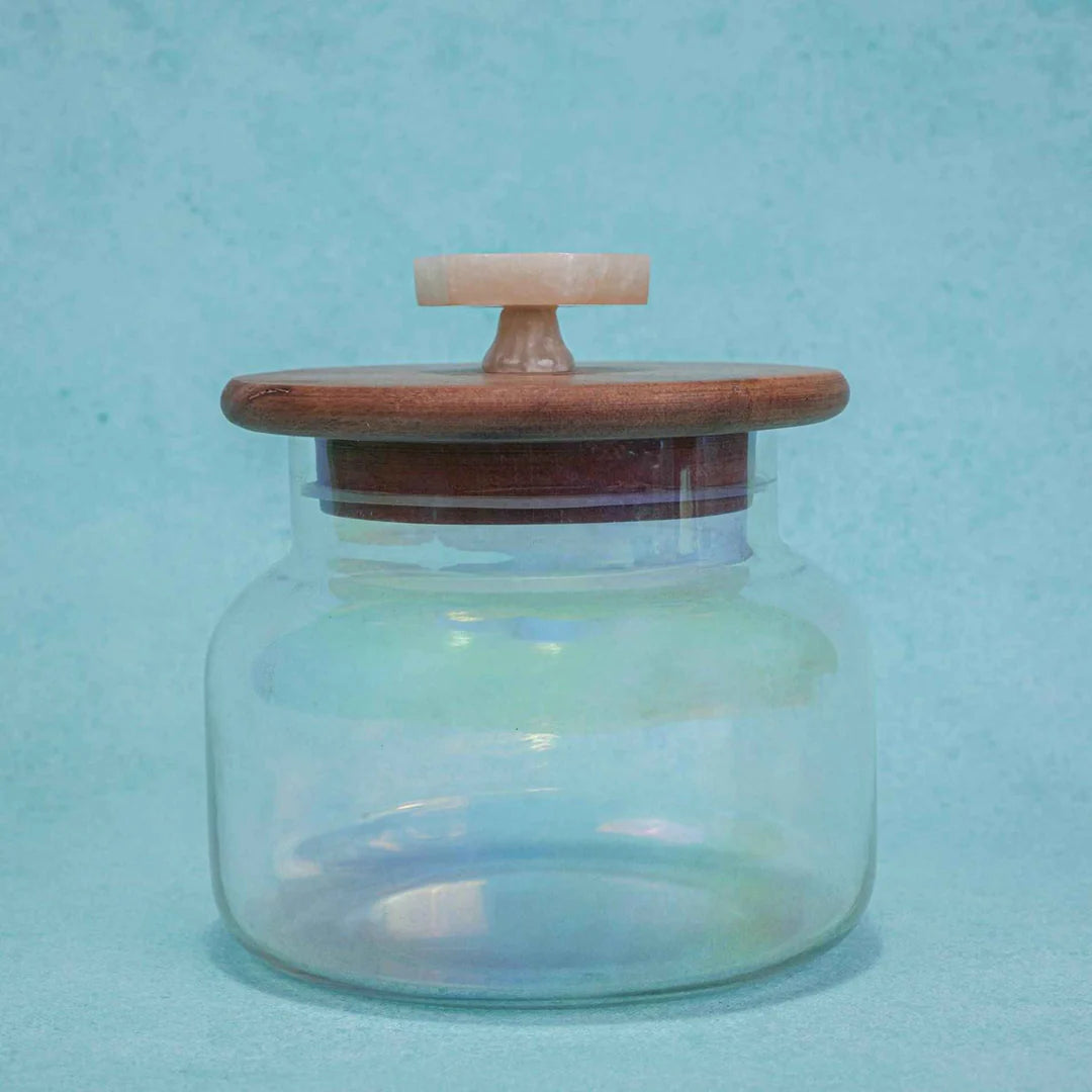 Ireka Homes Premium Halo Canister - Food-Safe Glass Storage Jar with Airtight Wooden Lid - Perfect for Coffee, Sugar, Snacks & More (5.5 x 5 inches)