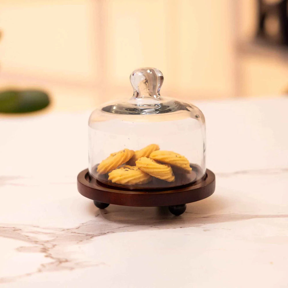 Ireka Homes Sugary Affair Acacia Wood Cake Stand with Glass Dome – Handmade, Sustainable, Foodsafe – Perfect for Cakes, Fruits, and Snacks