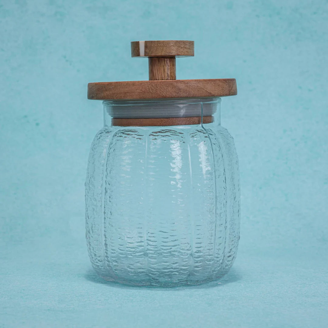 Ireka Homes Premium Ripple Canister - Food-Safe Glass Storage Jar with Airtight Wooden Lid - Perfect for Coffee, Sugar, Snacks & More (4x5.5 inches)