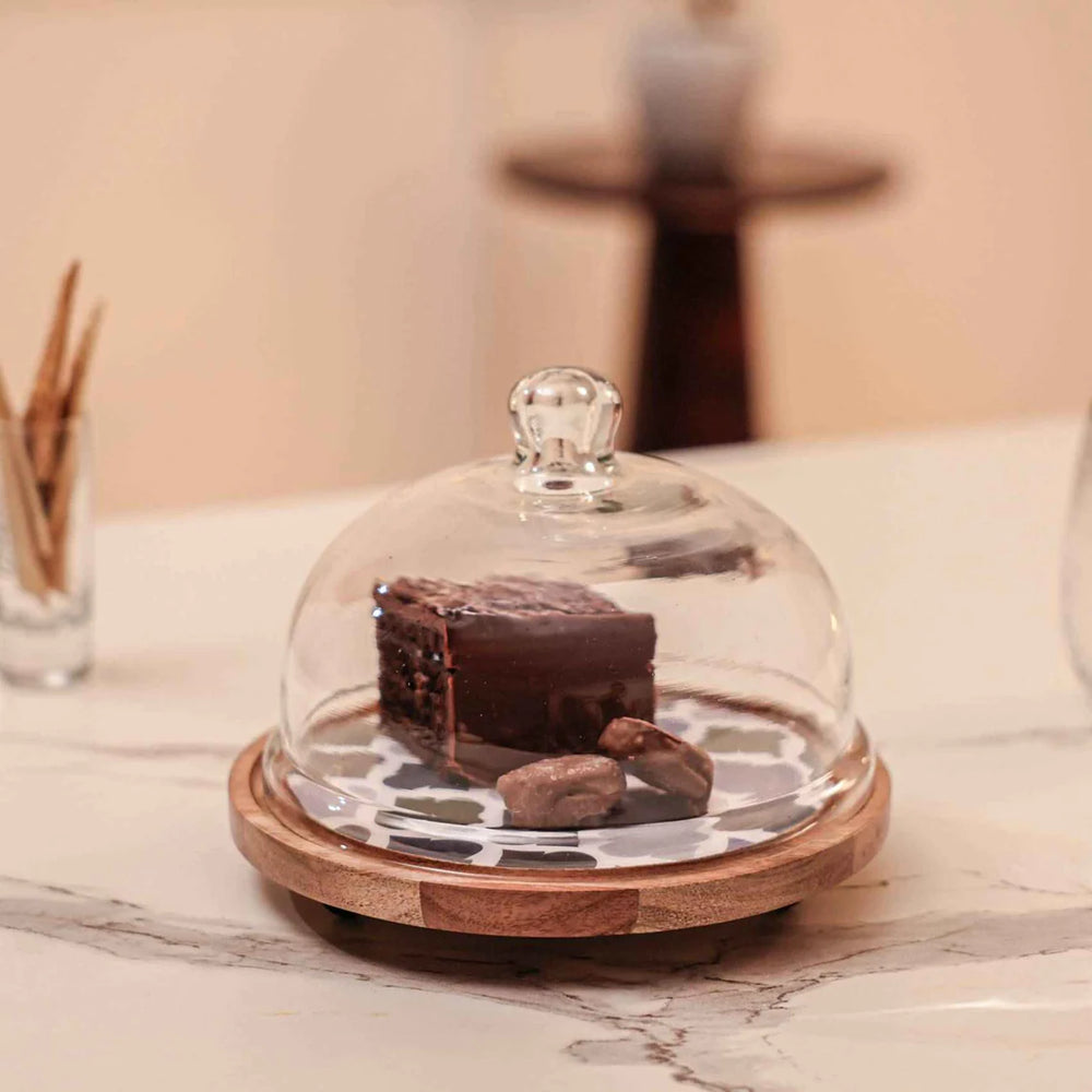 Ireka Homes Frosty Bliss Acacia Wood Cake Stand with Glass Dome – Handmade, Sustainable, Foodsafe – Perfect for Cakes, Fruits, and Snacks