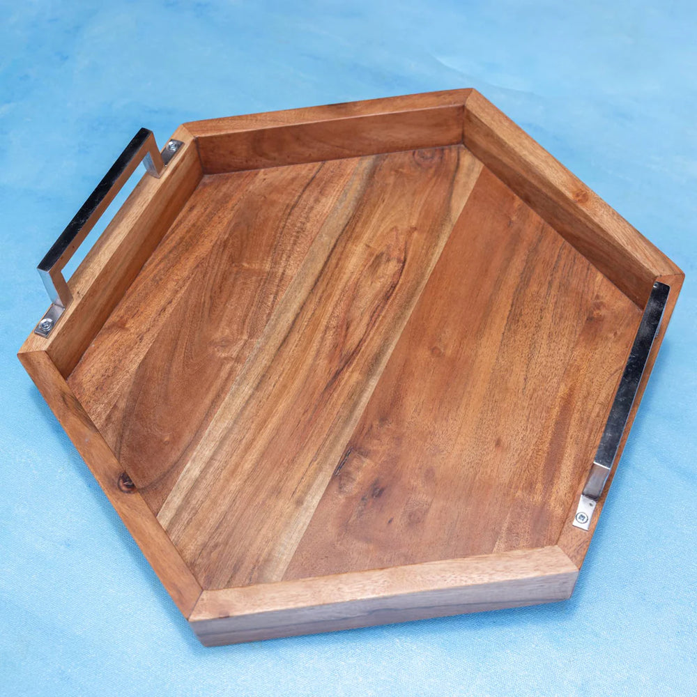 Ireka Homes Multi-Purpose Utsav Serving Tray – Premium Acacia Wood Tray – Decorative Kitchen Tray for Serving Food, Drinks, Coffee, and Cheese (16.5x14.5 inches)