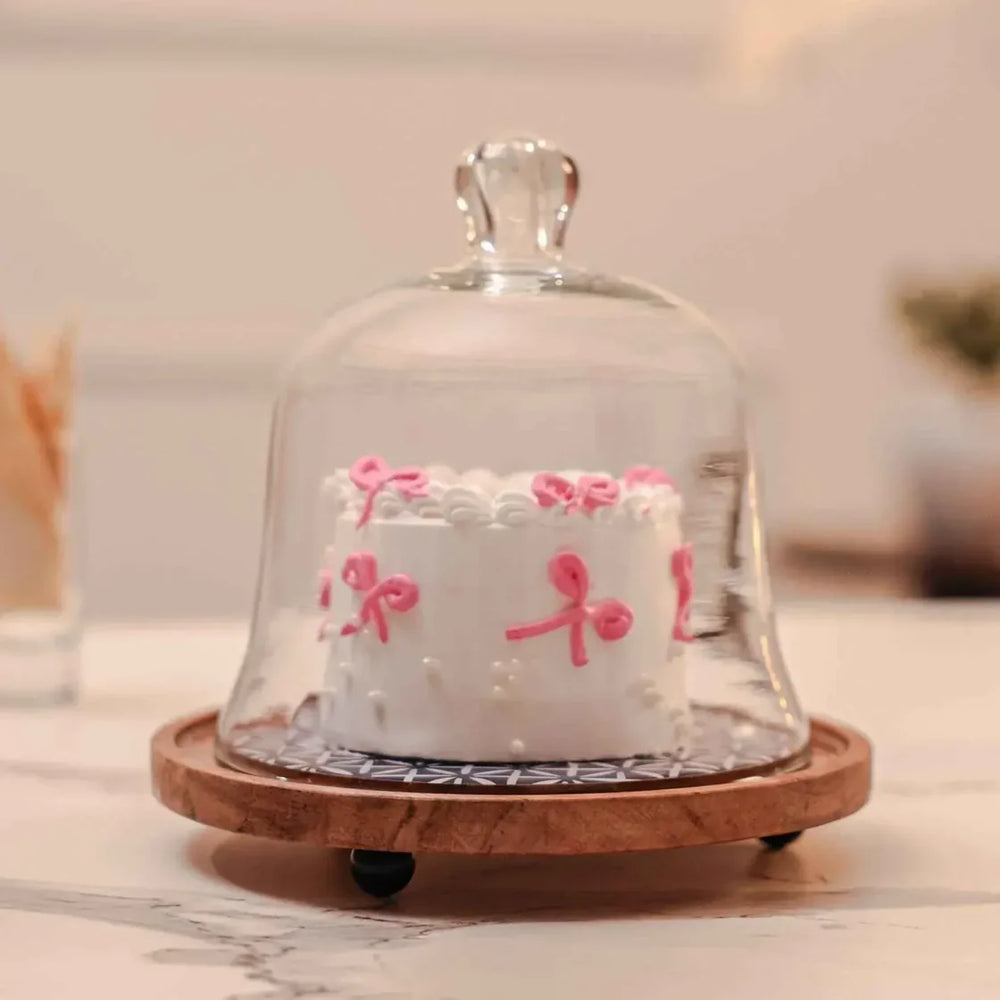 Ireka Homes Candy Cloud Acacia Wood Cake Stand with Glass Dome – Handmade, Sustainable, Foodsafe – Perfect for Cakes, Fruits, and Snacks