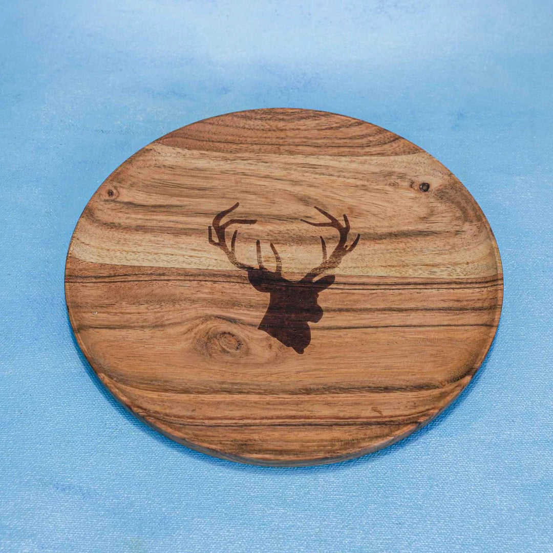 Ireka Homes Multi-Purpose Antler Crest Serving Plate - Premium Acacia Wood Plate - Decorative Kitchen Plate for Serving Food, Drinks, Coffee, and Cheese (8 inches)
