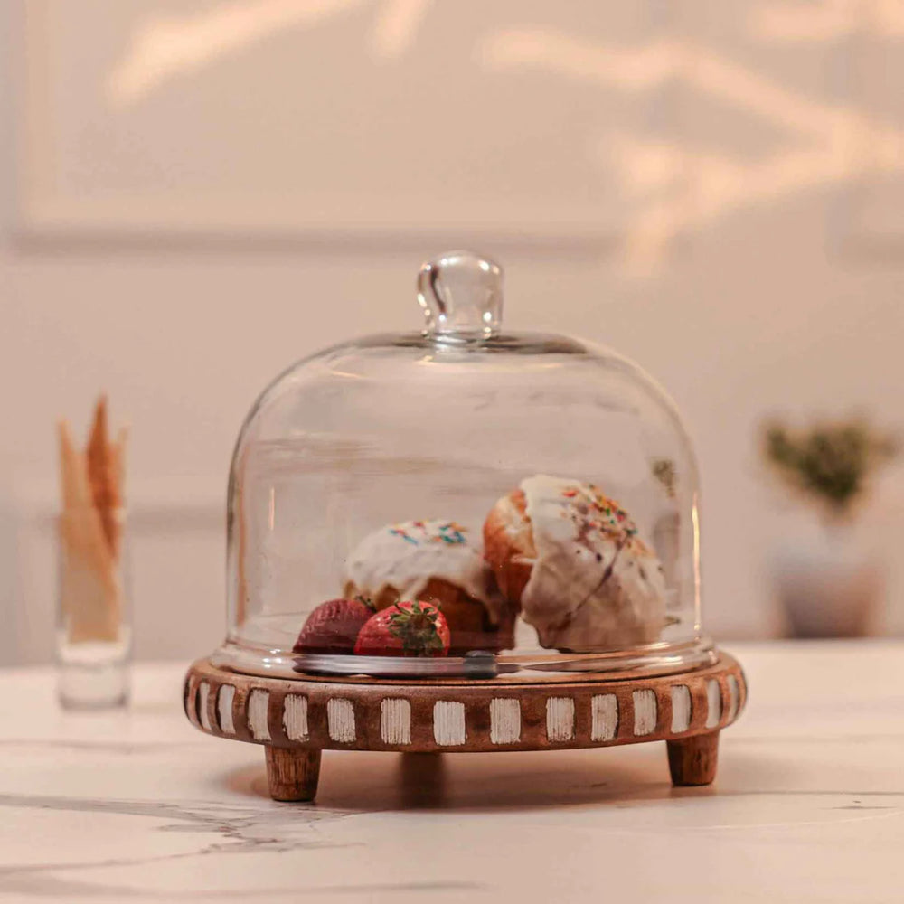 Ireka Homes Sugar Sphere Acacia Wood Cake Stand with Glass Dome – Handmade, Sustainable, Foodsafe – Perfect for Cakes, Fruits, and Snacks