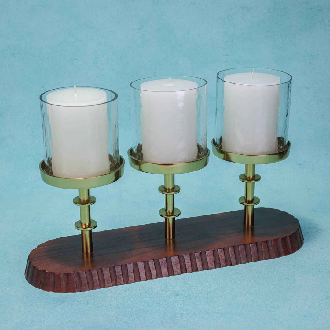 Ireka Homes Glowry Candle Holder - Handcrafted Acacia Wood & Glass Candle Stand With Candle - Stylish Centerpiece for Weddings, Diwali & Christmas Décor (Set of 3)