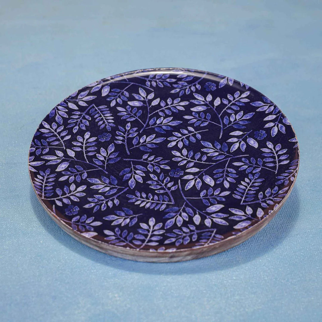 Ireka Homes Multi-Purpose Floral Midnight Serving Platter - Premium Acacia Wood Platter With Enamel Coating - Decorative Kitchen Platter for Serving Food, Drinks, Coffee, and Cheese (7 inches)