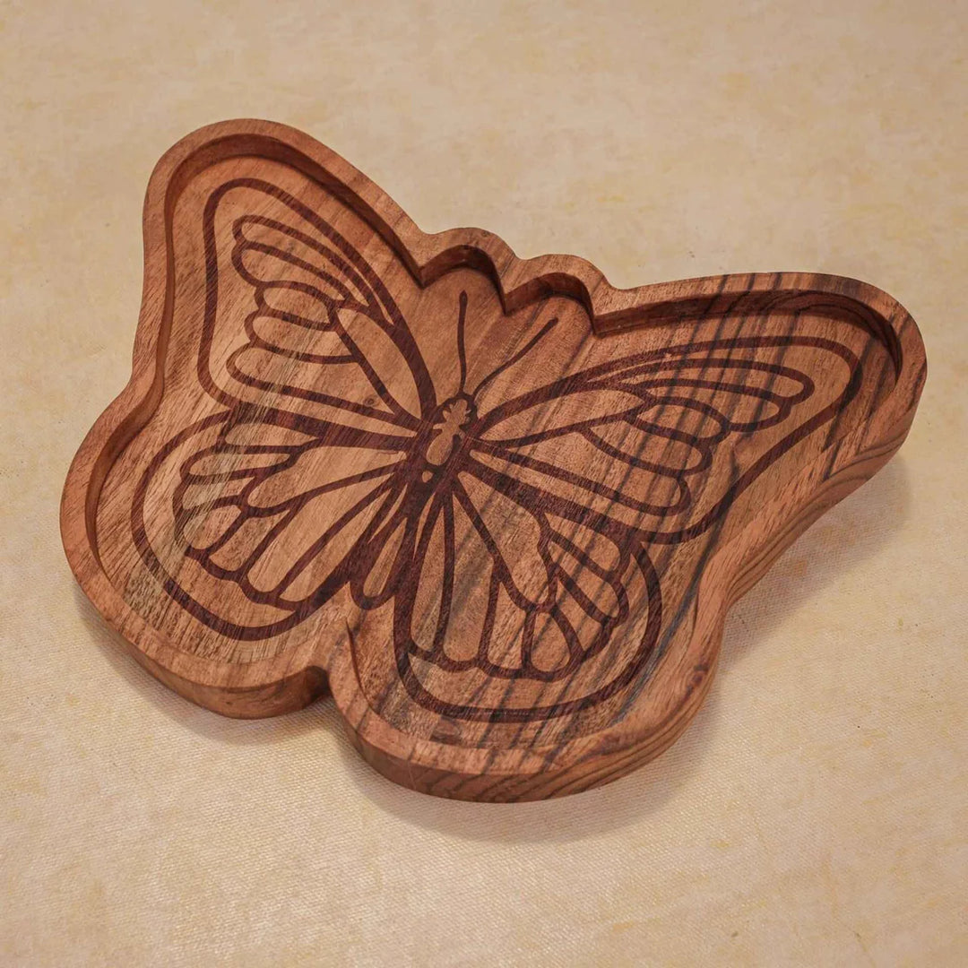 Ireka Homes Multi-Purpose Butterfly Effect Serving Platter - Premium Acacia Wood Platter - Decorative Kitchen Platter for Serving Food, Drinks, Coffee, and Cheese (10.5x8 inches)