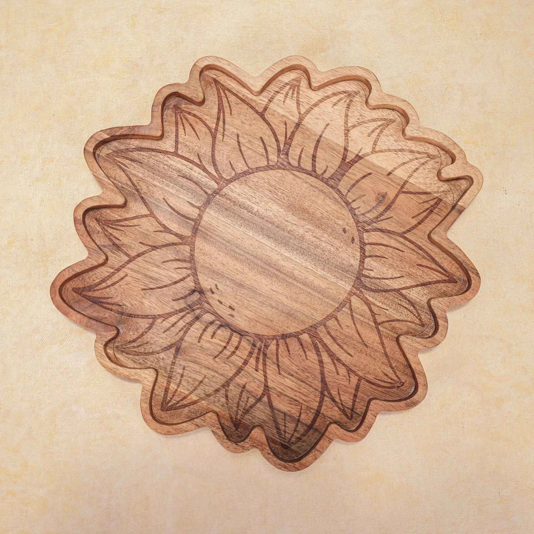 Ireka Homes Multi-Purpose Sunny Side Up Serving Platter - Premium Acacia Wood Platter - Decorative Kitchen Platter for Serving Food, Drinks, Coffee, and Cheese (10.5 inches)