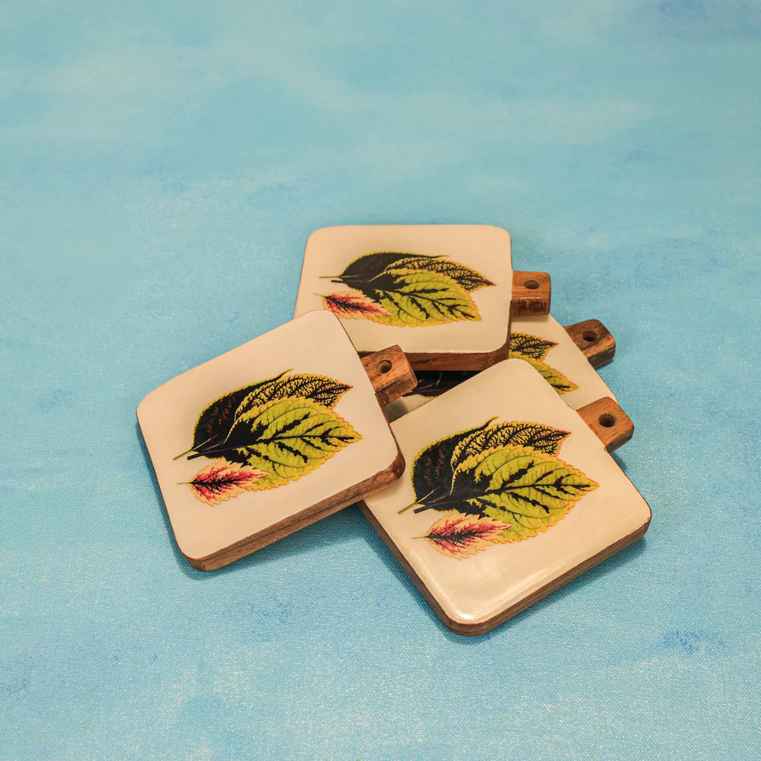 Ireka Homes Timber Leaf Coaster Set – Acacia Wood & Enamel – Ideal for Coffee Tables, Desks, & Gifting