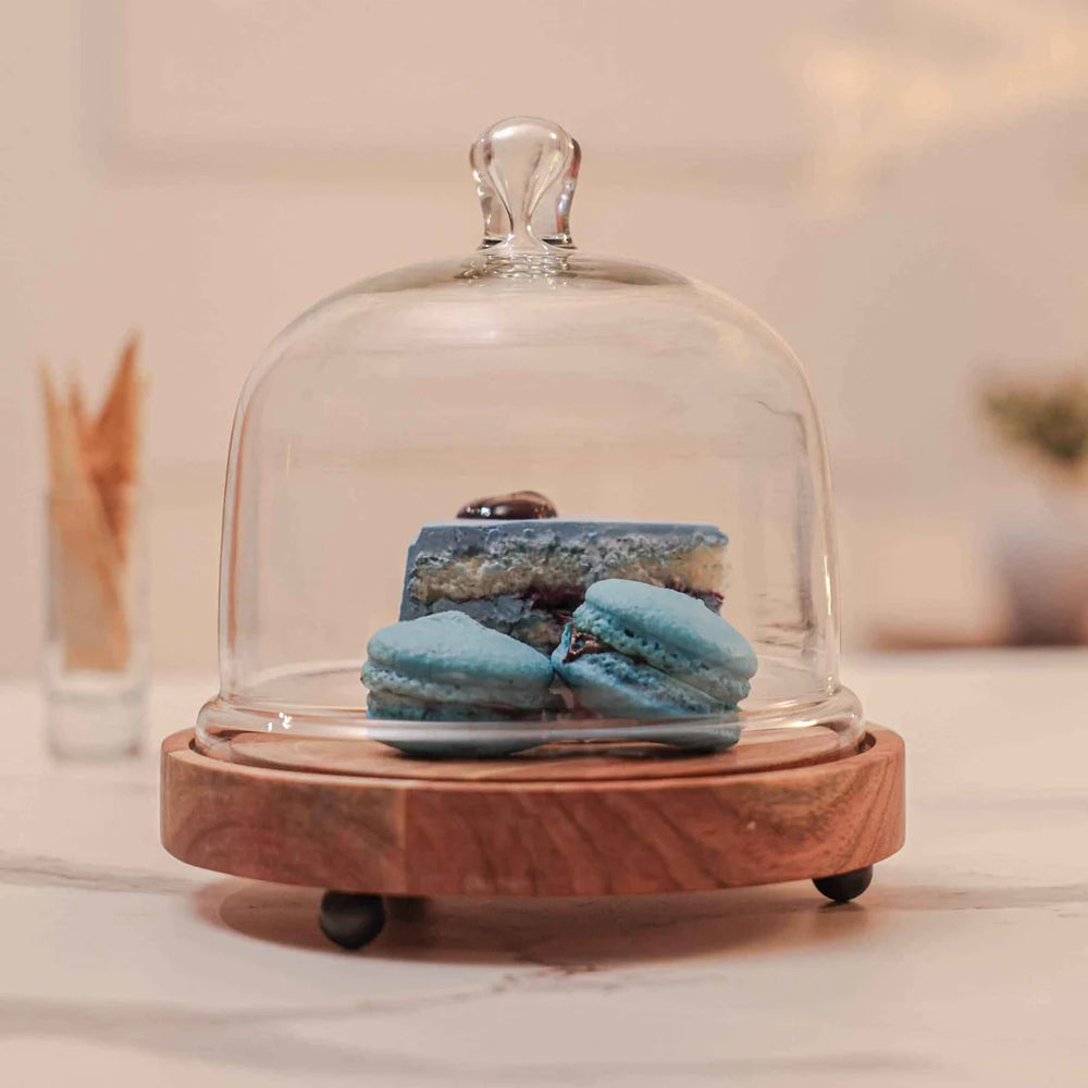 Ireka Homes Sweet Haven Acacia Wood Cake Stand with Glass Dome – Handmade, Sustainable, Foodsafe – Perfect for Cakes, Fruits, and Snacks