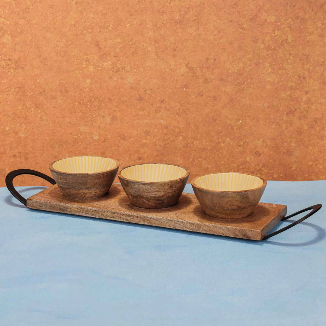 Ireka Homes Handcrafted Tripple Treat Serving Bowls - Multipurpose Mango Wood Bowls With Enamel - Durable Bowls for Serving Food, Snacks, and Desserts (19x5 inches)