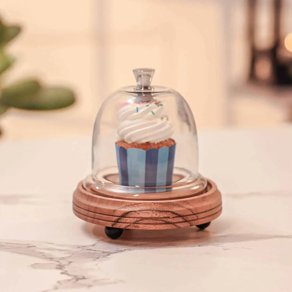 Ireka Homes Candy Glow Acacia Wood Cake Stand with Glass Dome – Handmade, Sustainable, Foodsafe – Perfect for Cakes, Fruits, and Snacks