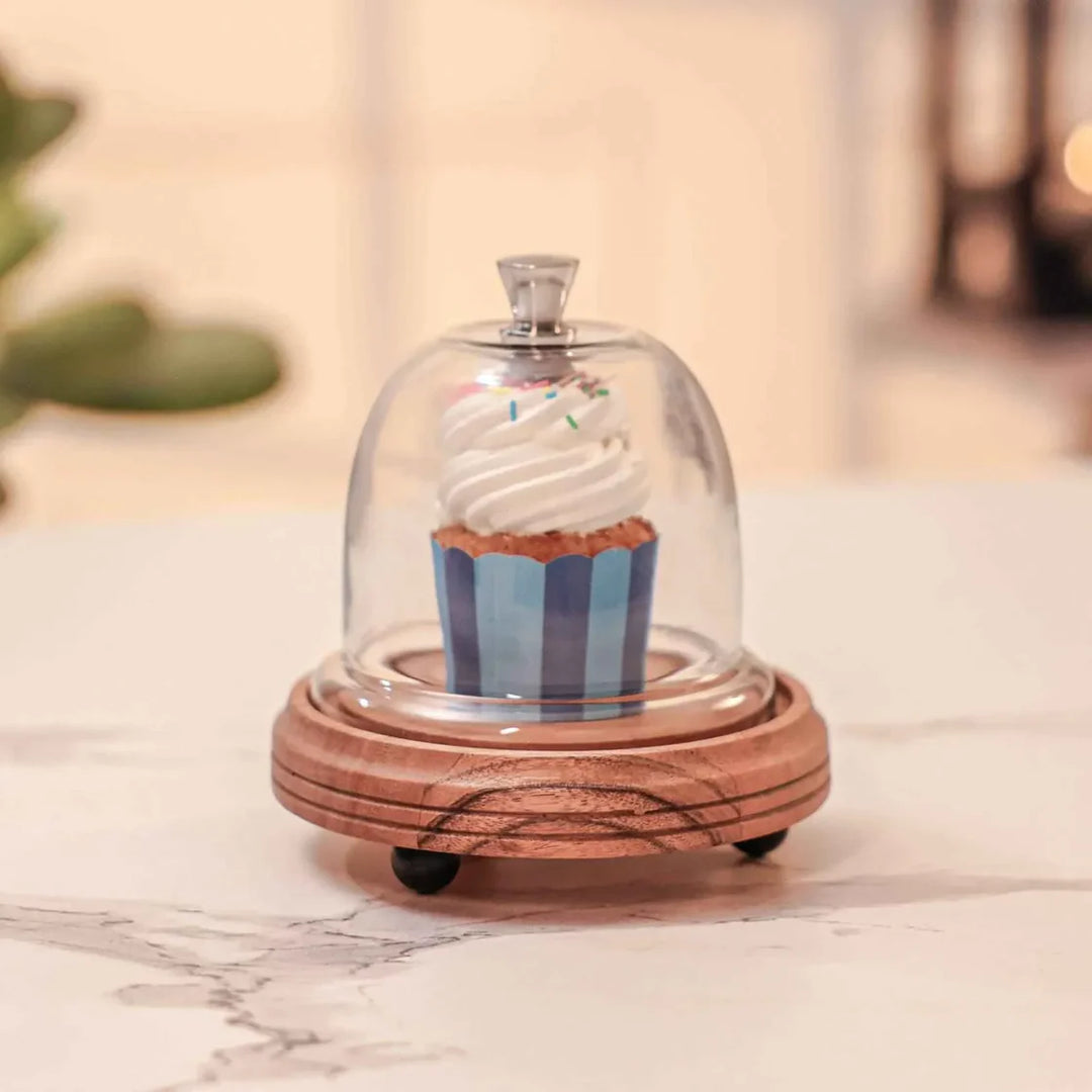 Ireka Homes Candy Glow Acacia Wood Cake Stand with Glass Dome – Handmade, Sustainable, Foodsafe – Perfect for Cakes, Fruits, and Snacks