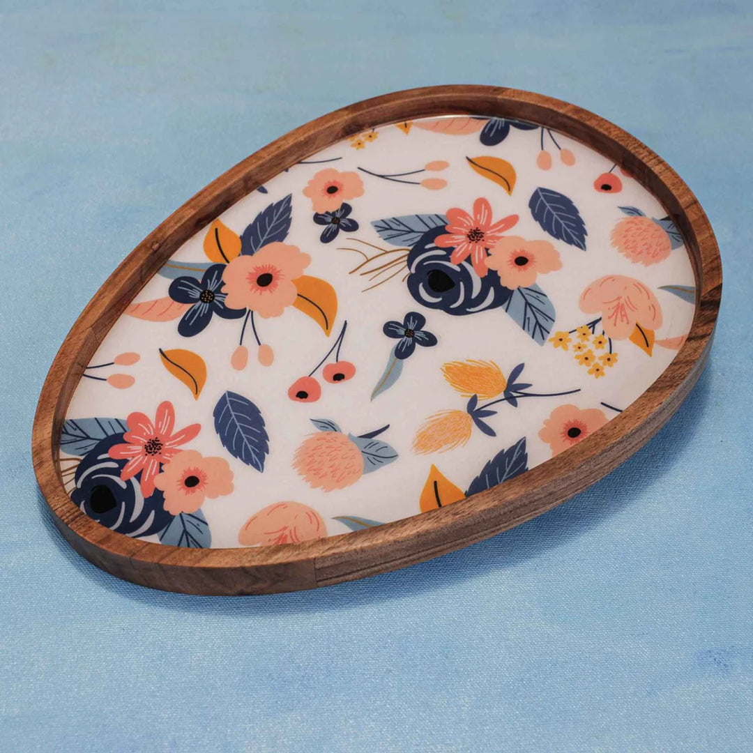 Ireka Homes Multi-Purpose Ovalicious Serving Platter - Premium Acacia Wood Platter With Enamel Coating - Decorative Kitchen Platter for Serving Food, Drinks, Coffee, and Cheese (13x9.5 inches)