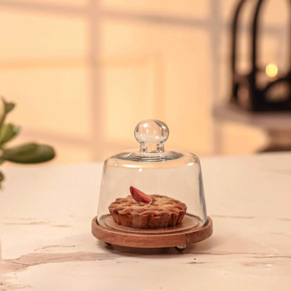 Ireka Homes Sugar Shell Acacia Wood Cake Stand with Glass Dome – Handmade, Sustainable, Foodsafe – Perfect for Cakes, Fruits, and Snacks
