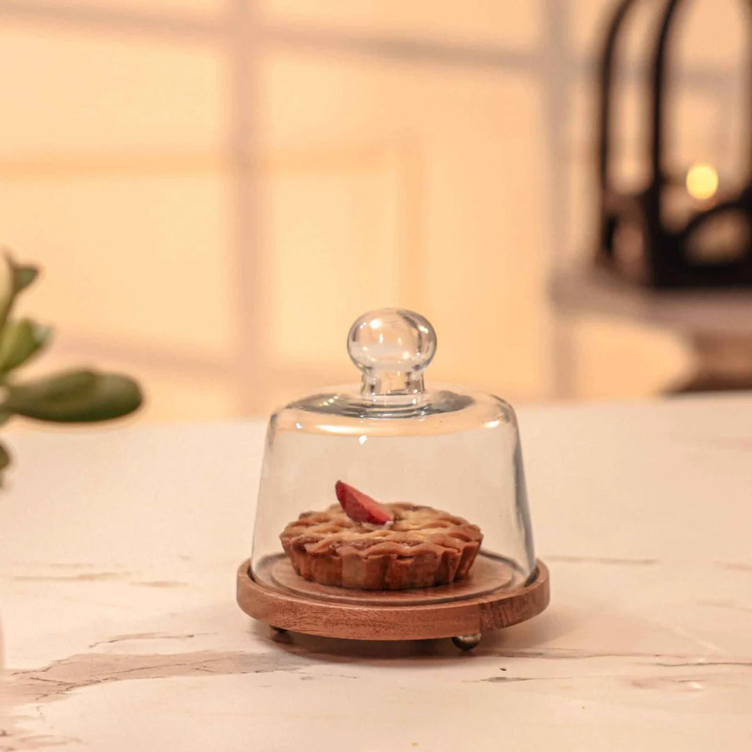 Ireka Homes Sugar Shell Acacia Wood Cake Stand with Glass Dome – Handmade, Sustainable, Foodsafe – Perfect for Cakes, Fruits, and Snacks
