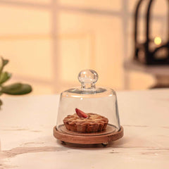 Ireka Homes Sugar Shell Acacia Wood Cake Stand with Glass Dome – Handmade, Sustainable, Foodsafe – Perfect for Cakes, Fruits, and Snacks