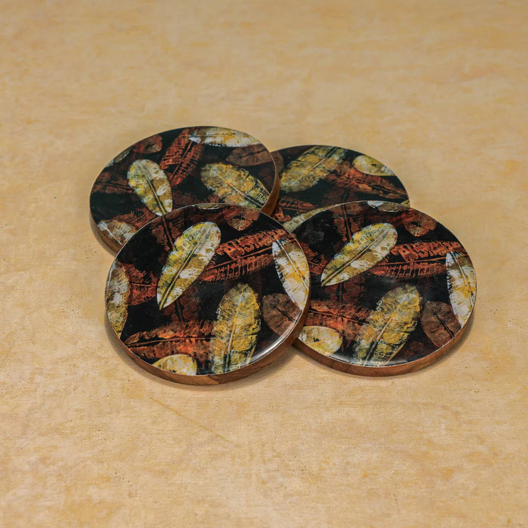 Ireka Homes Forest Floor Coaster Set – Acacia Wood & Enamel – Ideal for Coffee Tables, Desks, & Gifting