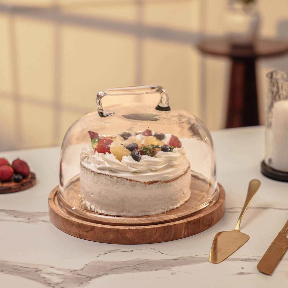 Ireka Homes Sweet Vault Acacia Wood Cake Stand with Glass Dome – Handmade, Sustainable, Foodsafe – Perfect for Cakes, Fruits, and Snacks