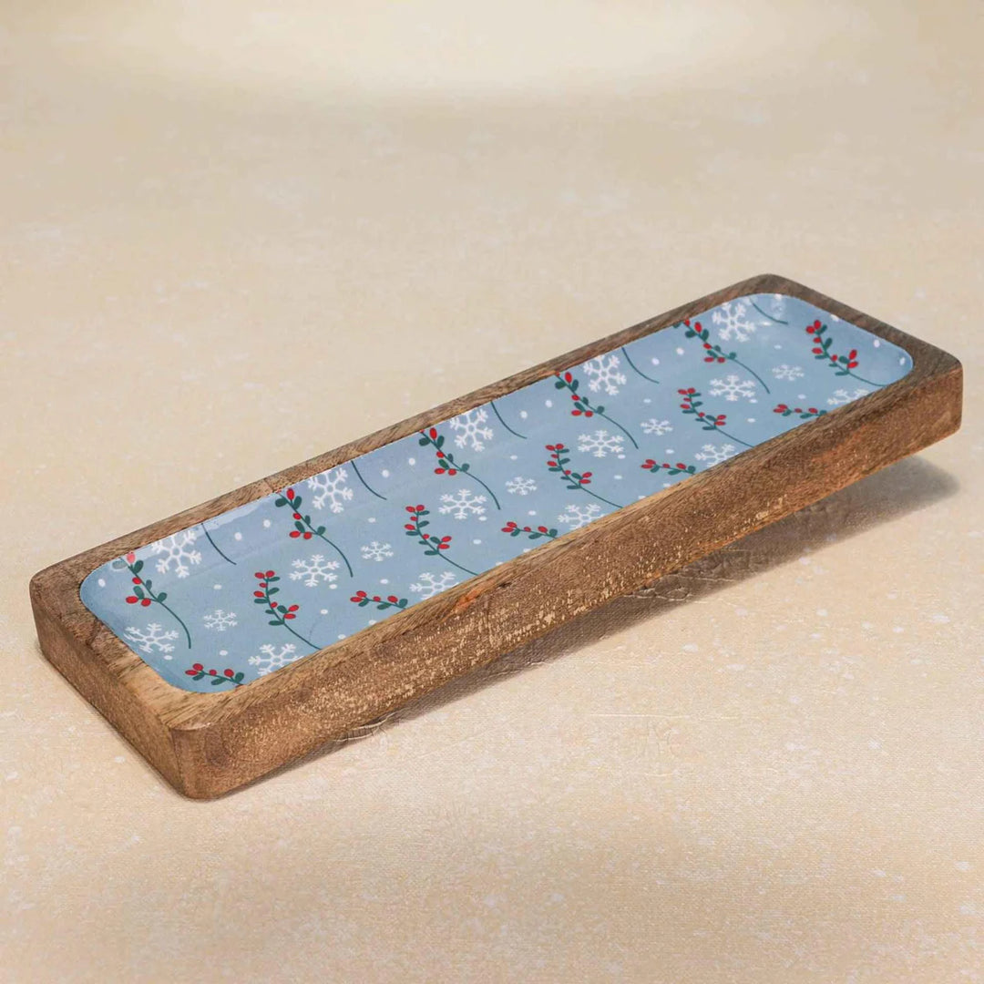 Ireka Homes Multi-Purpose Bluetiful Bites Serving Platter - Premium Mango Wood Platter With Enamel Coating - Decorative Kitchen Platter for Serving Food, Drinks, Coffee, and Cheese (12x4 inches)