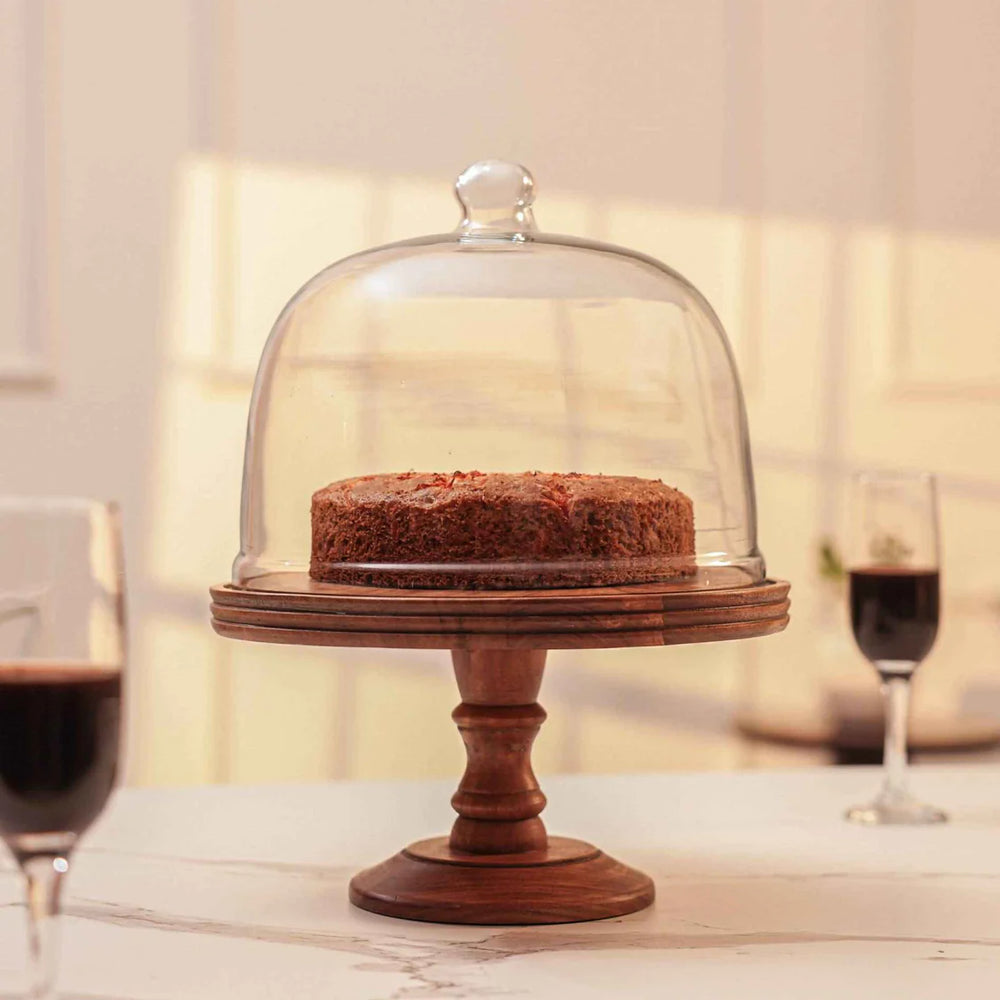 Ireka Homes Party Bell Acacia Wood Cake Stand with Glass Dome – Handmade, Sustainable, Foodsafe – Perfect for Cakes, Fruits, and Snacks