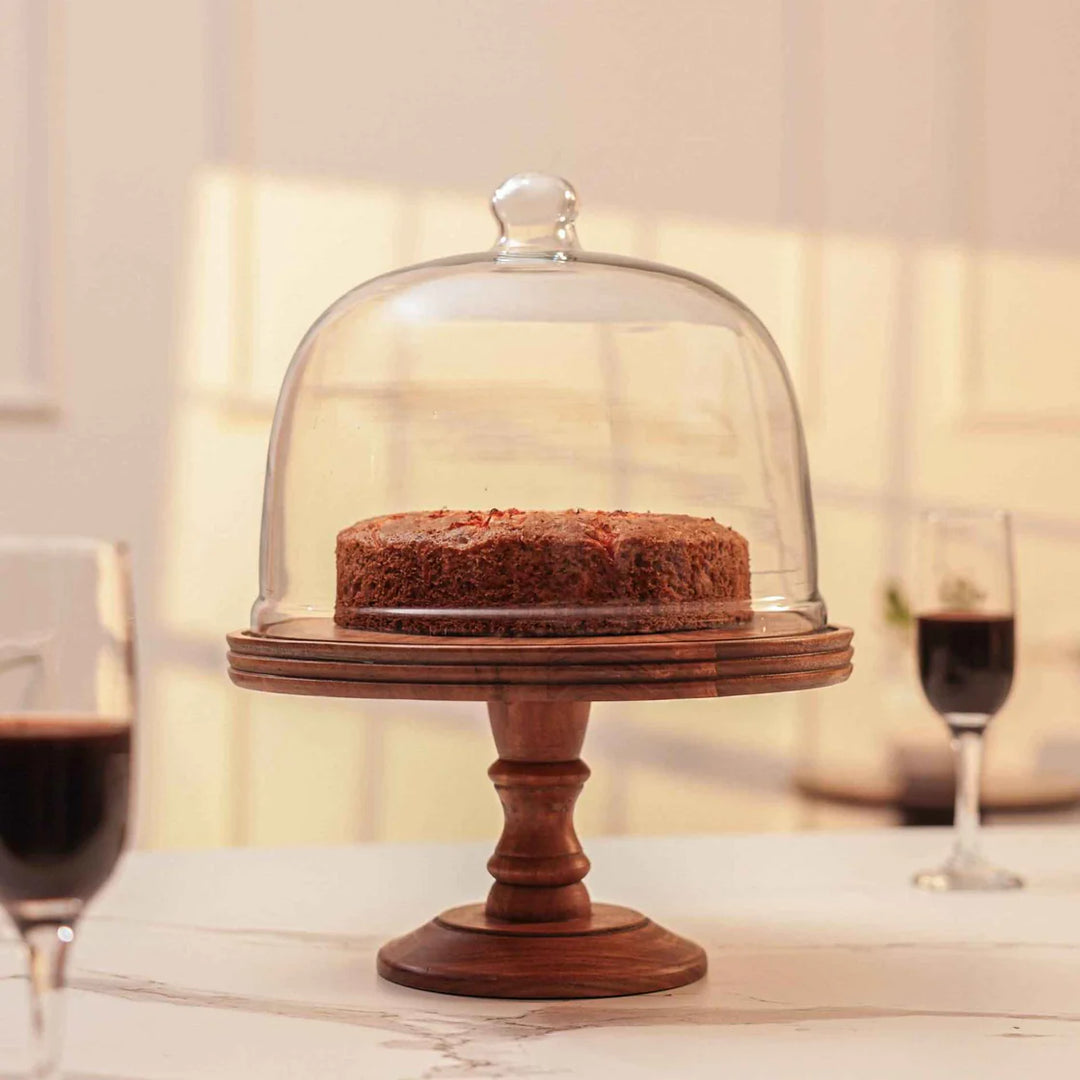 Ireka Homes Party Bell Acacia Wood Cake Stand with Glass Dome – Handmade, Sustainable, Foodsafe – Perfect for Cakes, Fruits, and Snacks