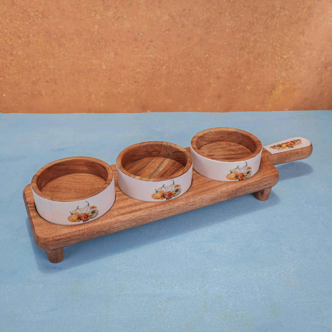 Ireka Homes Handcrafted Dip Trip Serving Bowls - Multipurpose Acacia Wood Bowls With Enamel - Durable Bowls for Serving Food, Snacks, and Desserts (18x5 inches)