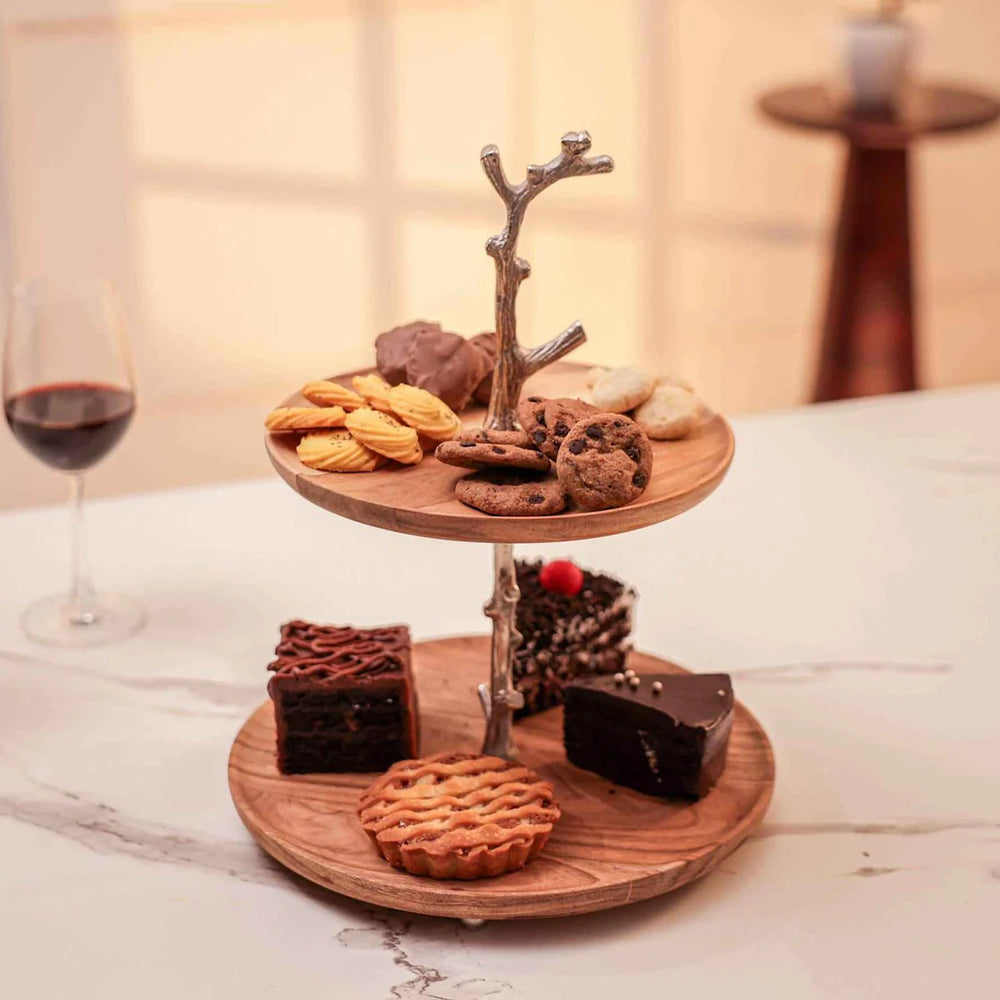 Ireka Home Treat Tree Acacia Wood Two-Tier Serving Stand | Dessert & Cupcake Display | Tea Party Pastry Serving Platter in Gift Box