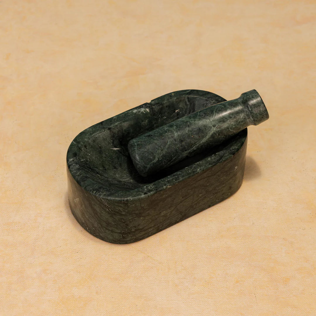 Ireka Homes Grindini Marble Mortar & Pestle Set – Handcrafted Green Stone Mortar with Ergonomic Pestle – Ideal for Spices, Herbs, Nuts & More (6x3.5x3.5 inches)