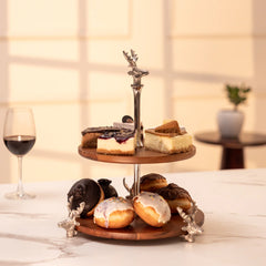 Ireka Homes Wildwood 2-Tier Dessert Stand – Premium Acacia Wood & Metal Artifact for Snacks, Cakes & Table Decor (12.5x12.5x14.5 inches)