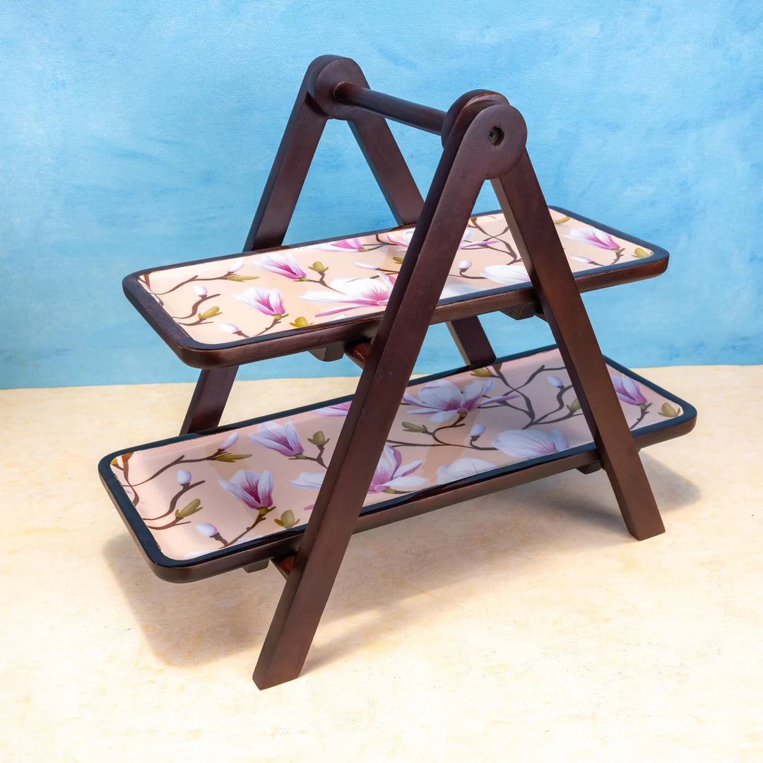 Ireka Homes Sakura Multipurpose Serveware – Premium Acacia Wood 2-Tier Stand  - Foldable Serveware for Snacks, Barware & Kitchen Decor (18x9.75x14 inches)