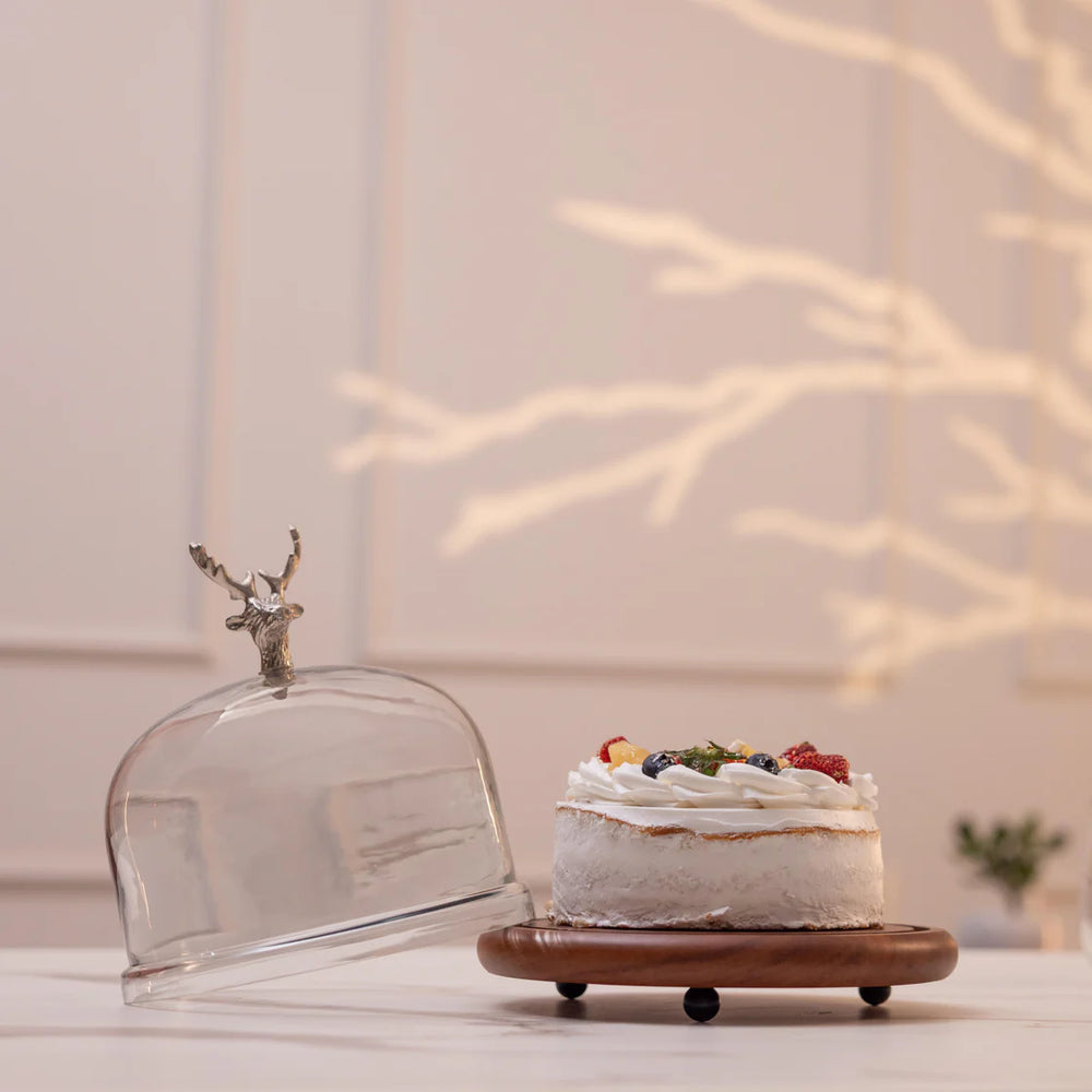 Ireka Homes Tamra Acacia Wood Cake Stand with Glass Dome – Handmade, Sustainable, Foodsafe – Perfect for Mini Cakes, Fruits, and Snacks