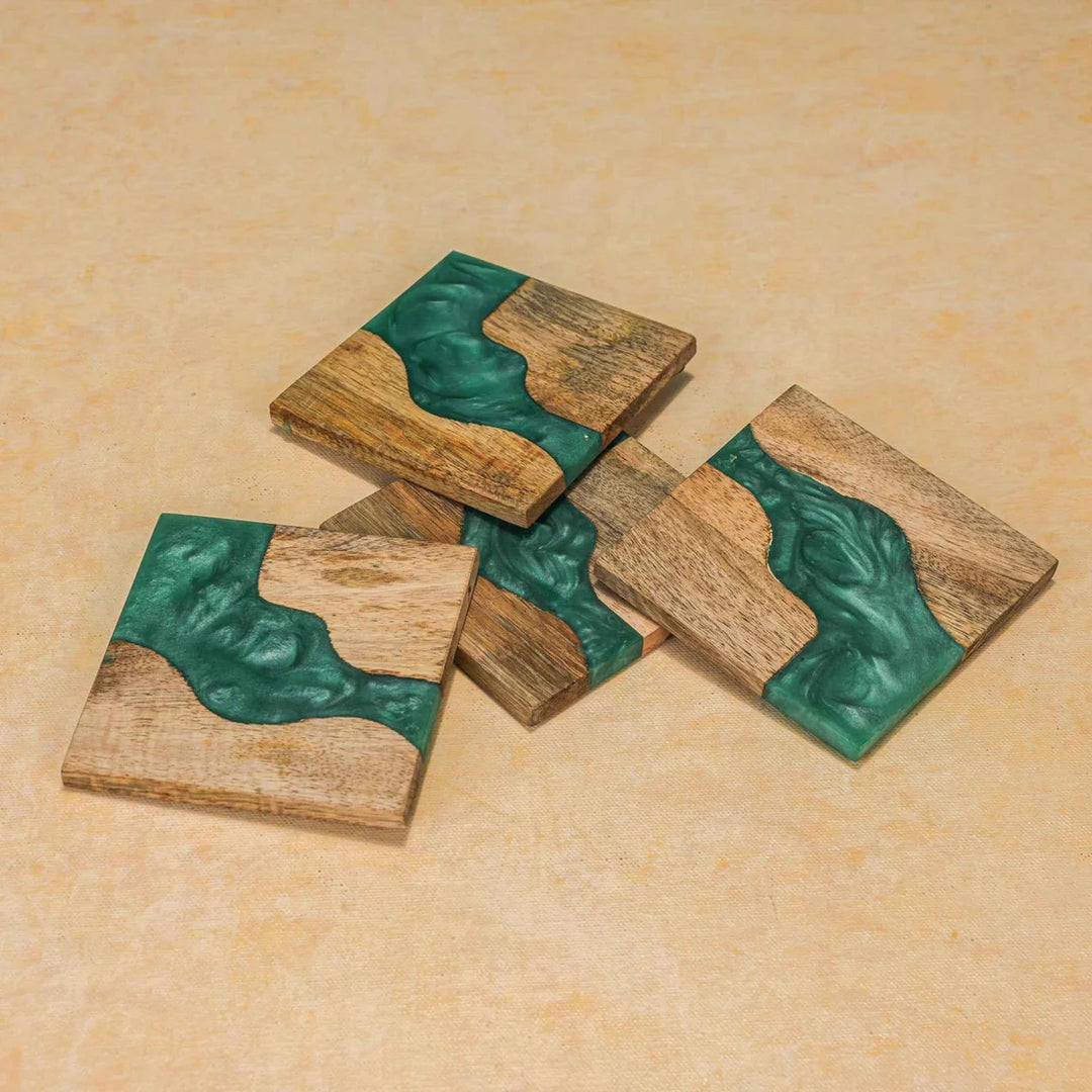 Ireka Homes Blue Wave Coaster Set – Mango Wood and Resin – Ideal for Coffee Tables, Desks, & Gifting
