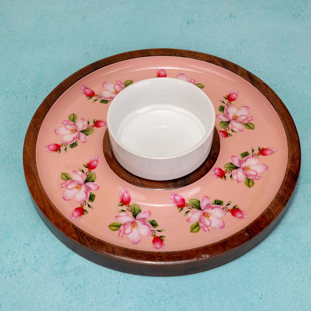 Ireka Homes Sakura Chip and Dip Platter – Handcrafted Acacia Wood Snack Tray with Ceramic Bowl – Stylish Platter for Chips, Crackers, and Dips (11.5x11.5x2.5 inches)