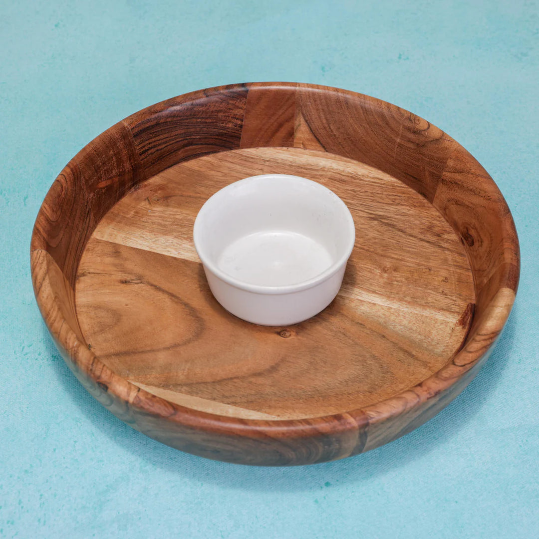 Ireka Homes Snacit Chip and Dip Platter – Handcrafted Acacia Wood Snack Tray with Ceramic Bowl – Stylish Platter for Chips, Crackers, and Dips (10x10x2 inches)