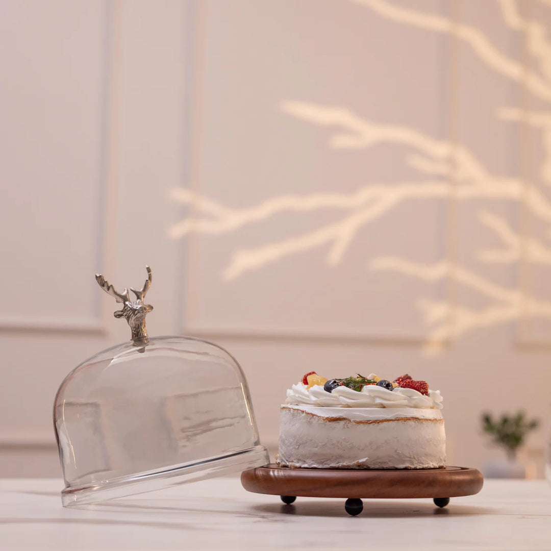 Ireka Homes Wildwood Acacia Wood Cake Stand with Glass Dome – Handmade, Sustainable, Foodsafe – Perfect for Cakes, Fruits, and Snacks