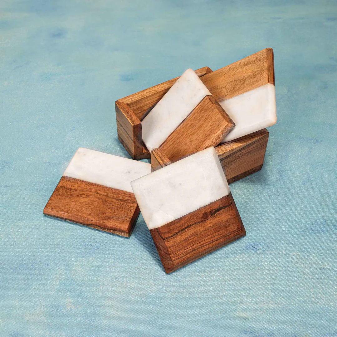 Ireka Homes Timber & Stone Coaster Set – Acacia Wood & Marble – Ideal for Coffee Tables, Desks, & Gifting